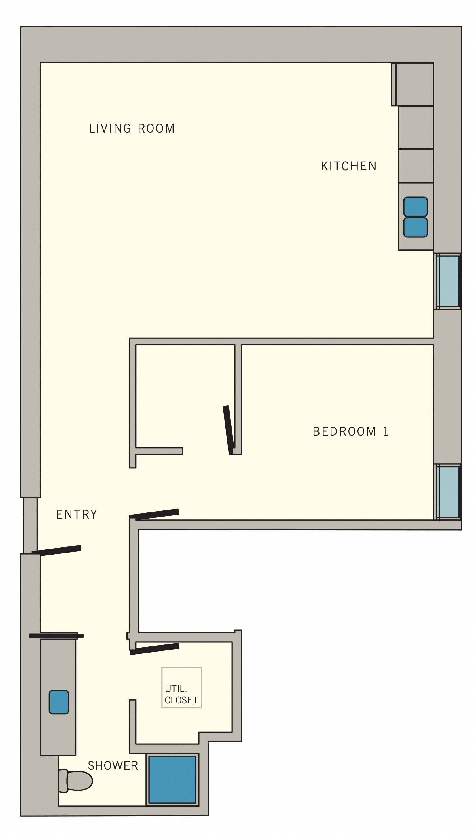 Floor plan for 1 bed, 1 bath, 843 sqft